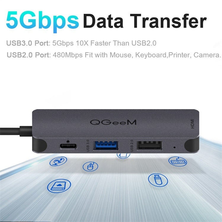 QGeeM UH04-1 Adattatore HUB di estensione USB 3.0 multifunzione di tipo C 4 in 1, 4 In 1