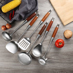 Attrezzatura da cucina per utensili da cucina con manico in legno in acciaio inossidabile 304, stile:, Fried Spatula, Soup Spoon, Slotted Spoon, Slotted Shovel, Noodle Scoop, Rice Spoon