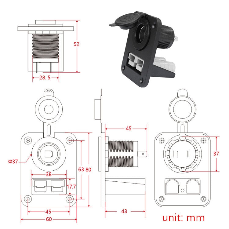 Pannello Andersen Spina corrente grande con combinazione pannello accendisigari 12V, PA5403