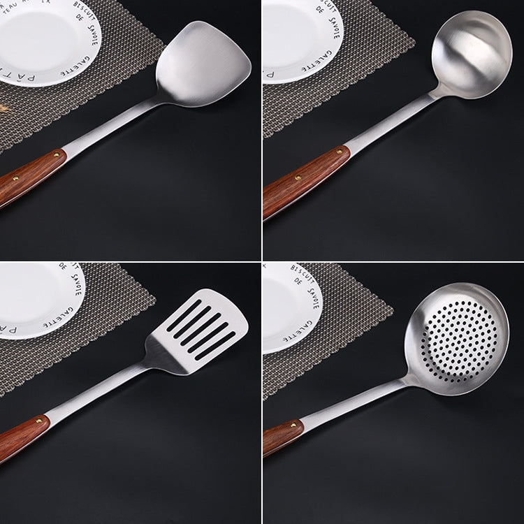 Attrezzatura da cucina per la casa con manico in legno in acciaio inossidabile 304, stile:, Fried Spatula, Soup Spoon, Slotted Shovel, Slotted Spoon