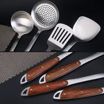 Attrezzatura da cucina per la casa con manico in legno in acciaio inossidabile 304, stile:, Fried Spatula, Soup Spoon, Slotted Shovel, Slotted Spoon