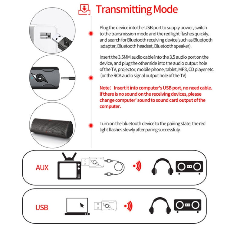 2 PCS 5.0 Trasmettitore Bluetooth Ricevitore AUX Adattatore audio per computer a doppia uscita USB, M136
