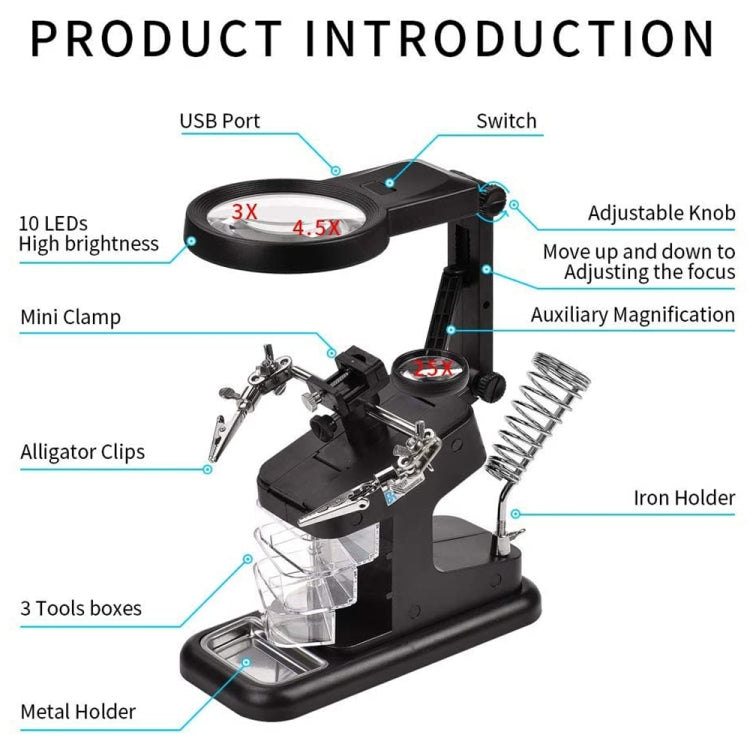 Lente d'ingrandimento per ispezione riparazione saldatura chip multifunzionale da tavolo con luce a LED, 3-45X Black, 3-45X White