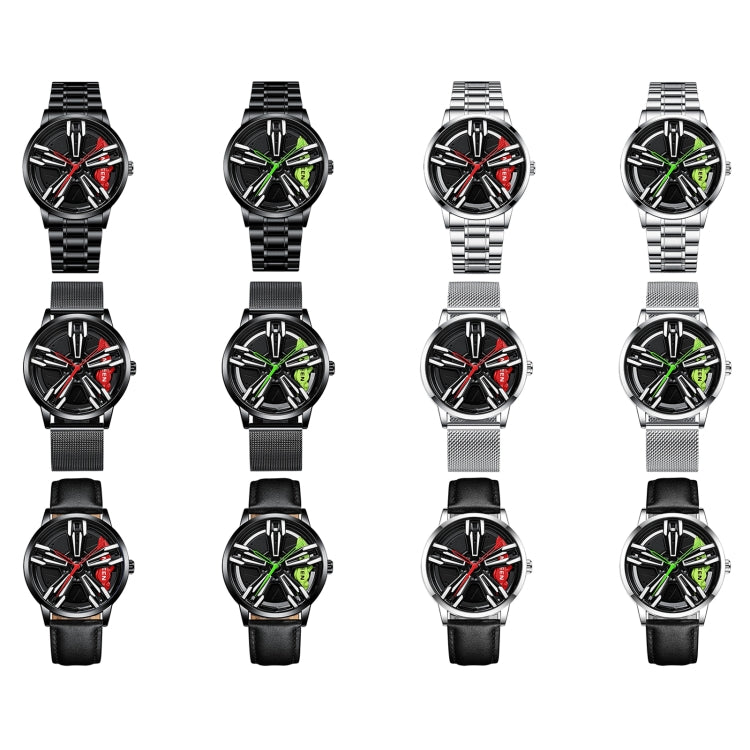 FNGEEN L001 Orologio da uomo in metallo con mozzo rotante con elemento motociclistico, Black steel Red Surface, Black Steel Green Surface, White Steel Red Surface, White Steel Green Surface, Black Net Black Steel Red Surface                            ...