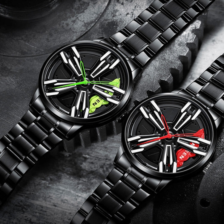 FNGEEN L001 Orologio da uomo in metallo con mozzo rotante con elemento motociclistico, Black steel Red Surface, Black Steel Green Surface, White Steel Red Surface, White Steel Green Surface, Black Net Black Steel Red Surface                            ...