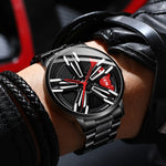 FNGEEN L001 Orologio da uomo in metallo con mozzo rotante con elemento motociclistico, Black steel Red Surface, Black Steel Green Surface, White Steel Red Surface, White Steel Green Surface, Black Net Black Steel Red Surface                            ...