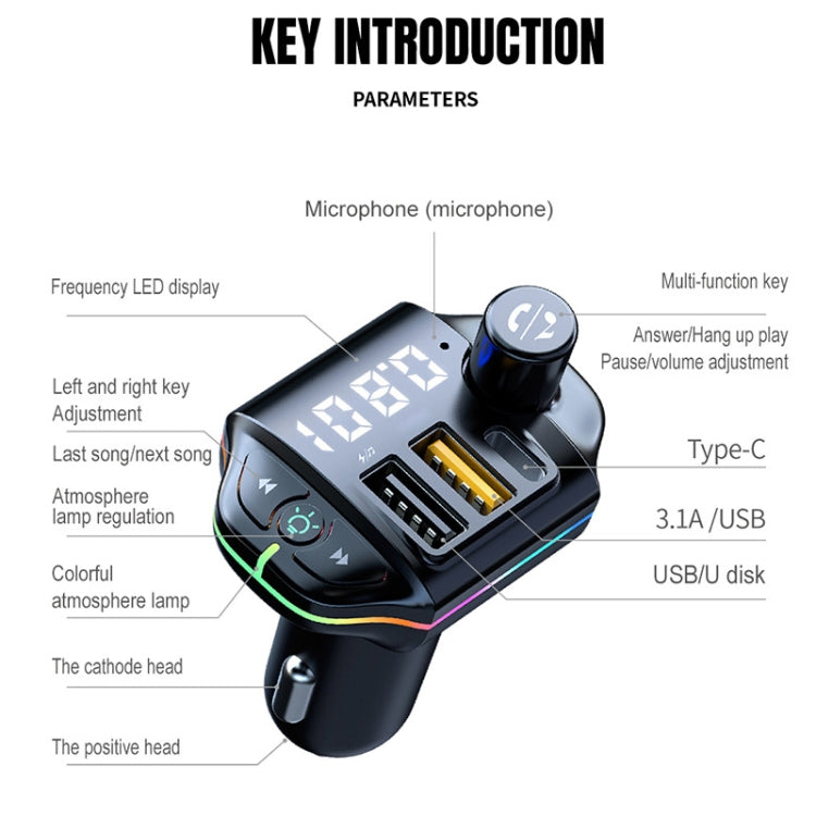 A10 Colorful Atmosphere Light Caricatore per auto trasmettitore FM Bluetooth, A10