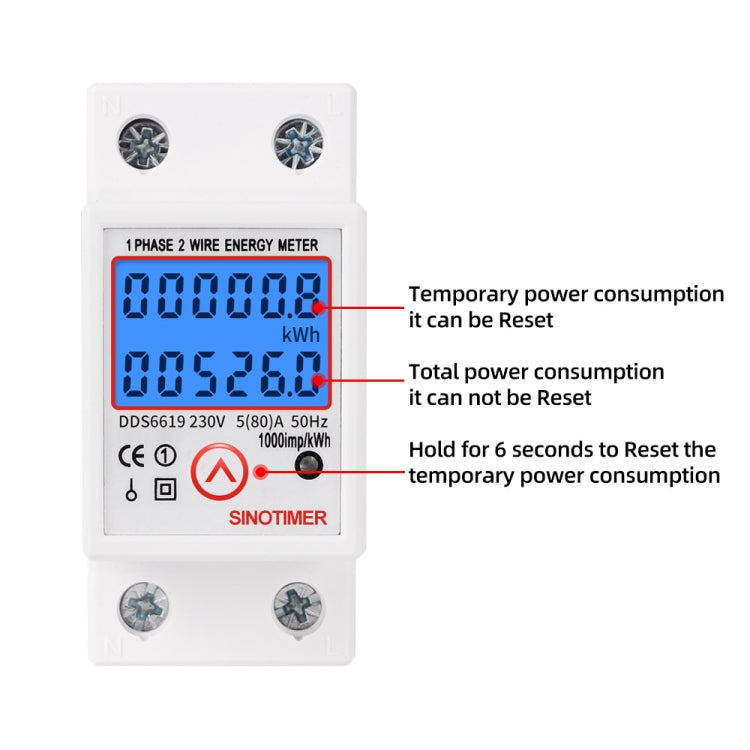 SINOTIMER DDS6619-526L-2 può ripristinare il display retroilluminato a zero Contatore di energia elettrica su binario monofase, DDS6619-526L-2