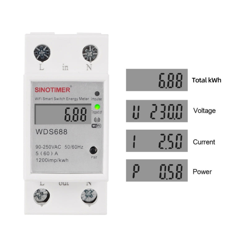 SINOTIMER WDS688 Single Phase Power Meter Smart WiFi Mobile APP Home Driving Meter 5-60A 230V, WDS688