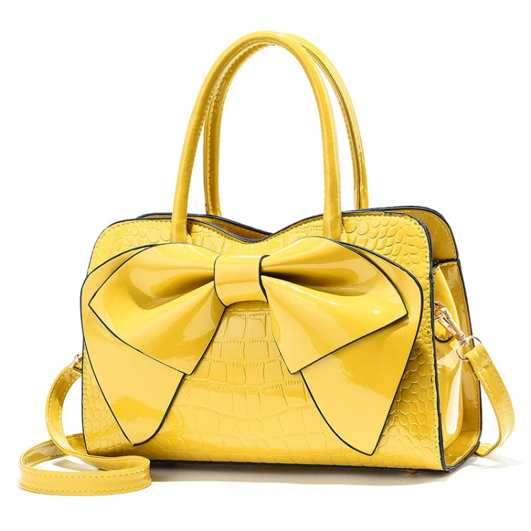 8111 Borsa da donna in pelle lucida con fiocco, Yellow, Red Wine, Khaki, Blue, Black, Light Green, Pink