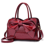 8111 Borsa da donna in pelle lucida con fiocco, Yellow, Red Wine, Khaki, Blue, Black, Light Green, Pink