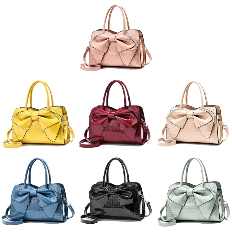 8111 Borsa da donna in pelle lucida con fiocco, Yellow, Red Wine, Khaki, Blue, Black, Light Green, Pink
