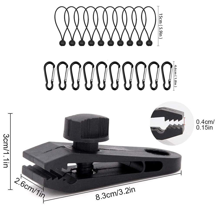 Set da appendere rapido con fibbia a clip per tenda fissa con baldacchino antivento da campeggio all'aperto, 10 Clips+10 Ropes, 10 Clips+10 Black Ropes, 10 Clips+10 Black Ropes+10 Silver Buckles, 10 Clips+10 Elastic Ropes+10 Black Buckles              ...
