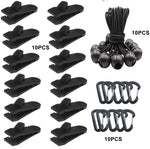 Set da appendere rapido con fibbia a clip per tenda fissa con baldacchino antivento da campeggio all'aperto, 10 Clips+10 Ropes, 10 Clips+10 Black Ropes, 10 Clips+10 Black Ropes+10 Silver Buckles, 10 Clips+10 Elastic Ropes+10 Black Buckles              ...