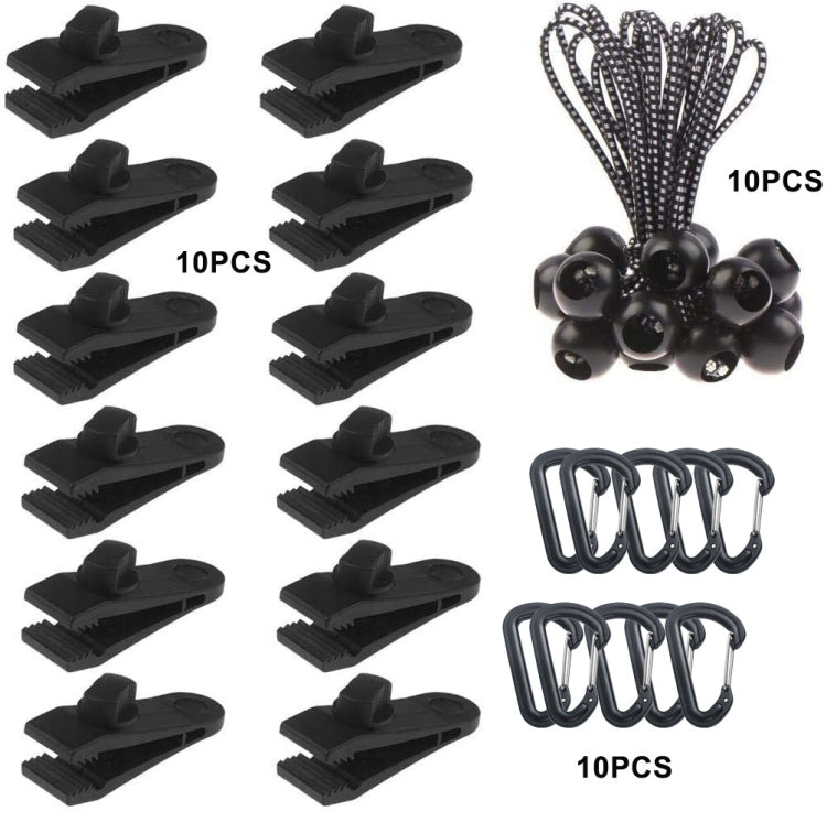 Set da appendere rapido con fibbia a clip per tenda fissa con baldacchino antivento da campeggio all'aperto, 10 Clips+10 Ropes, 10 Clips+10 Black Ropes, 10 Clips+10 Black Ropes+10 Silver Buckles, 10 Clips+10 Elastic Ropes+10 Black Buckles              ...