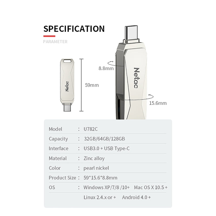 Netac U782C Type-C Dual Interface Computer ad alta velocità USB Flash Drive, 32GB, 64GB, 128GB