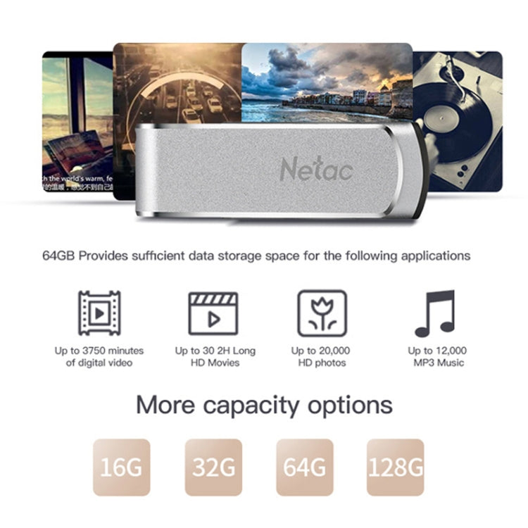Netac U388 USB 3.0 ad alta velocità con disco rotante per computer da auto in metallo, 16GB, 32GB, 64GB, 128GB