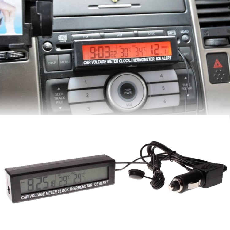 Display elettronico a LED a doppia temperatura interna ed esterna + orologio + tensione, 4 in 1 Orange+Blue