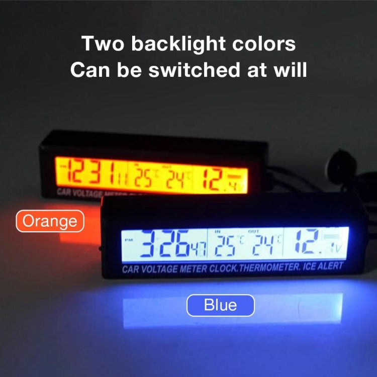 Display elettronico a LED a doppia temperatura interna ed esterna + orologio + tensione, 4 in 1 Orange+Blue