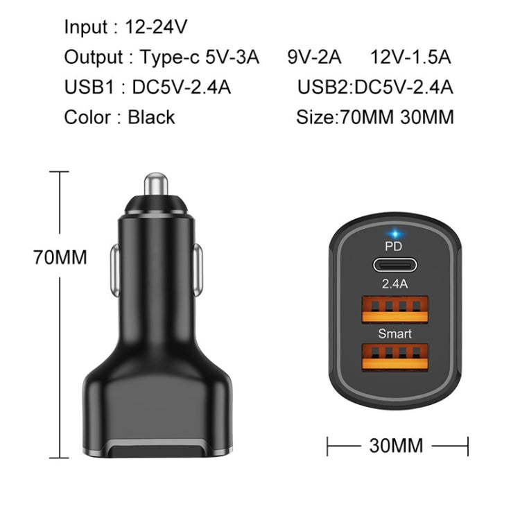 Caricabatteria per auto doppio USB 2PCS PD + 2.4A, stile:, 2 Ports (Black), 2 Ports (White), 3 Ports (Black), 3 Ports (White)