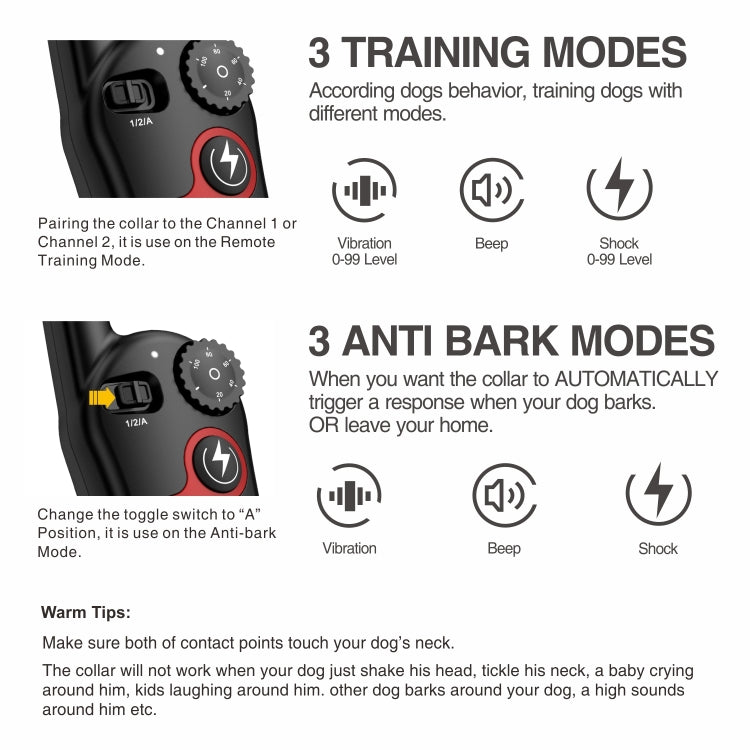 Dispositivo di controllo automatico dell'abbaiare del collare del collare del cane dell'addestratore di telecomando, 1 Drag 1 Red, 1 Drag 1 Black, 1 Drag 1 Orange, 1 Drag 2 Red+Orange