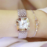 BS Bee Sister FA1197 Orologio semplice da donna con cinturino in acciaio inossidabile con quadrante quadrato, Silver, Gold