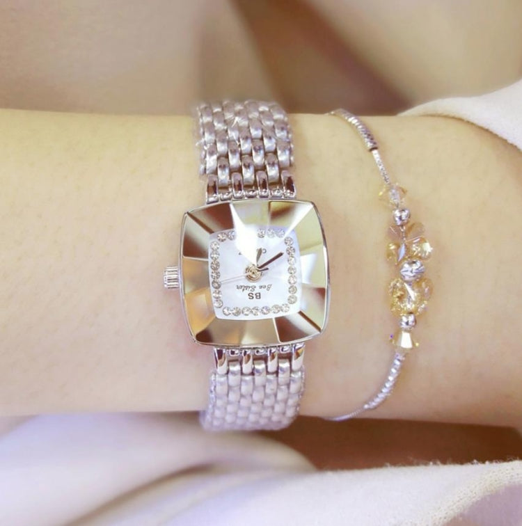 BS Bee Sister FA1197 Orologio semplice da donna con cinturino in acciaio inossidabile con quadrante quadrato, Silver, Gold