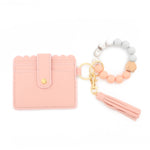 Portafoglio con bracciale in perline di silicone con nappa in PU con portachiavi, Sunflower, Yellow Leopard Print, Gray Blue, Black, 5 Mint Green, Light Purple, Pink, Khaki, 9 Mint Green, Cherry Blossom Pink, Marble