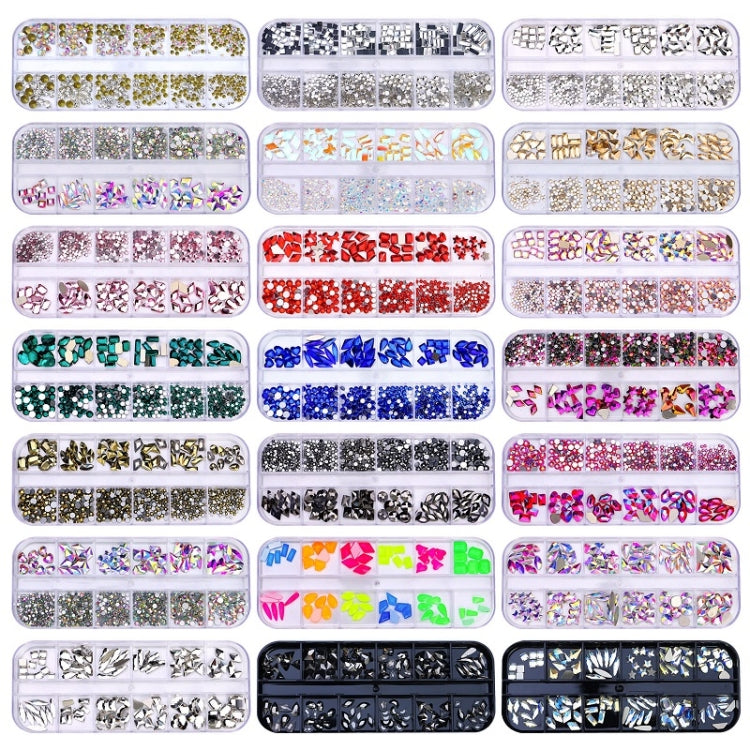 Decorazione per unghie con strass per unghie a forma di fondo piatto a 12 griglie, 01, 02, 03, 04, 05, 06, 07, 08, 10, 11, 12, 13, 14, 15, 16, 18, 19, 20, 21, 22, 23, 24, 25, 26