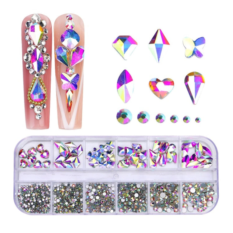 Decorazione per unghie con strass per unghie a forma di fondo piatto a 12 griglie, 01, 02, 03, 04, 05, 06, 07, 08, 10, 11, 12, 13, 14, 15, 16, 18, 19, 20, 21, 22, 23, 24, 25, 26