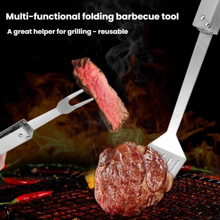 Set 3 in 1 di pinze, coltello e forchetta in acciaio inossidabile, pieghevole e portatile, per barbecue.