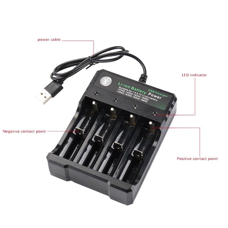 18650 Batteria al litio da 4,2 V Caricatore USB a 4 slot indipendente, 4 Slot USB(Black)