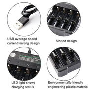 18650 Batteria al litio da 4,2 V Caricatore USB a 4 slot indipendente, 4 Slot USB(Black)
