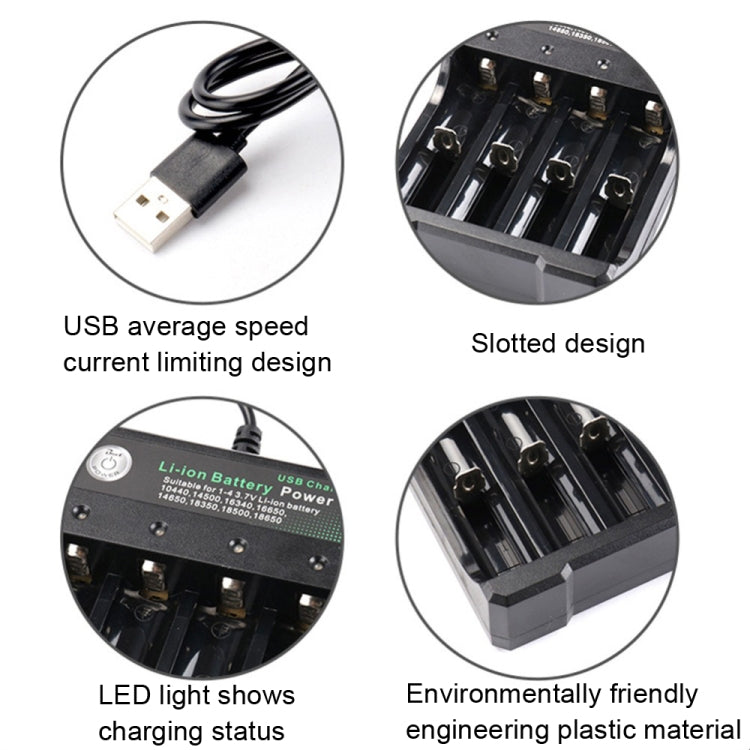 18650 Batteria al litio da 4,2 V Caricatore USB a 4 slot indipendente, 4 Slot USB(Black)