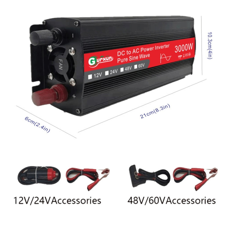 Gurxun Inverter a onda sinusoidale 3000W 2/24/48/60V a 220V Convertitore boost per auto, 3000W 60V-220V, 3000W 12V-220V, 3000W 24V-220V, 3000W 48V-220V