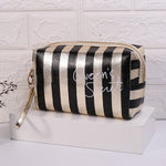 Borsa da toilette cosmetica impermeabile in PU a righe multifunzionale, Blue, Black, Pink, Rose Red, Gold, Silver