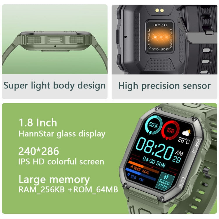 KR06 Orologio da chiamata intelligente per il monitoraggio della pressione sanguigna della frequenza cardiaca da 1,8 pollici, Black, Green
