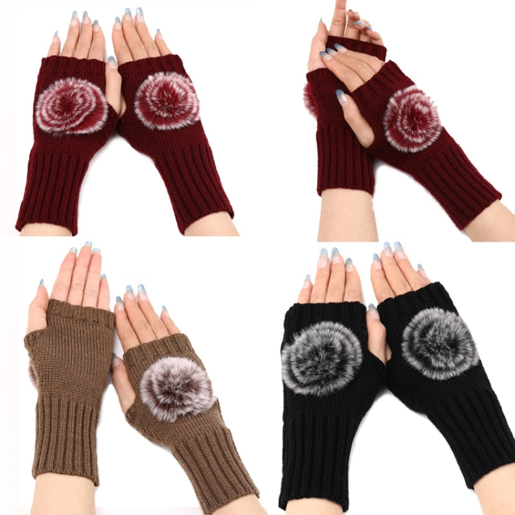 Autunno e inverno donna guanti senza dita palla di pelliccia lana lavorata a maglia maniche calde, Black, White, Dark Gray, Light Grey, Coffee, Wine Red, Khaki, Cream Color