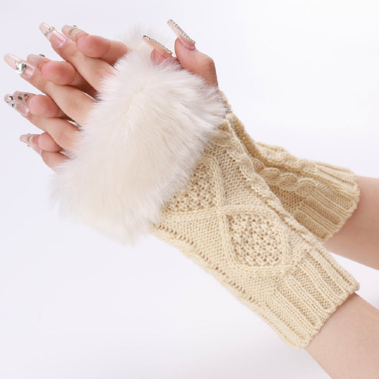 Guanti da donna in pelliccia di tipo corto con maniche a braccio calde senza dita in maglia diamantata, Beige, Dark Gray, Light Grey, White, Black, Wine Red, Tibetan, Coffee, Khaki