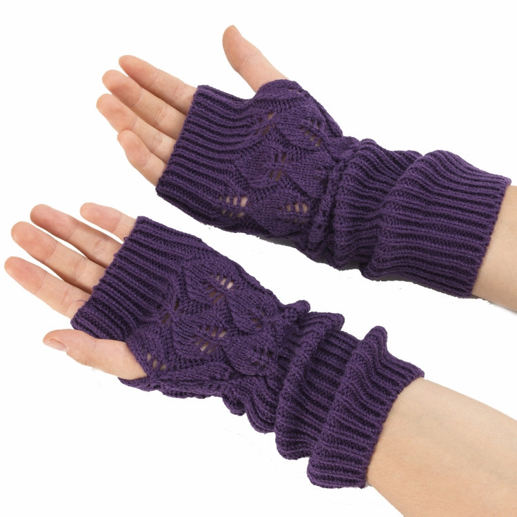 Inverno uomo e donna lavorato a maglia foglie jacquard in bicicletta caldi guanti di lana senza dita, Purple, Black, White, Jujube, Shallow Gray, Coffee, Deep Gray
