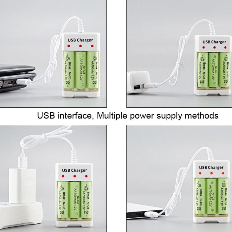 Caricabatterie USB 3 slot per batterie AA e AAA