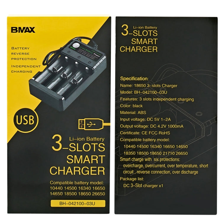 BMAX 18650 Caricabatteria indipendente per batterie al litio da 3,7/4,2 V con sedile di ricarica USB a 3 slot, 3 Slot USB(Black)