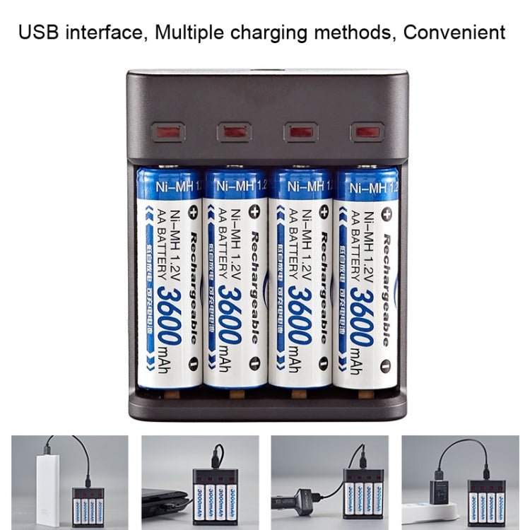 BMAX BH-804U 1.2V AA/AAA Batteria Ricaricabile Caricabatterie USB a 4 slot indipendente, 4 Slot Micro USB(Black)