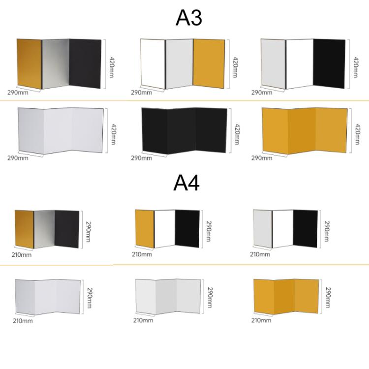 Riflettori per foto in cartoncino pieghevole a tre ante, A3 One Side All White, A3 One Side All Black, A3 One Side All Gold, A4 One Side All White, A4 One Side All Silver, A4 One Side All Gold