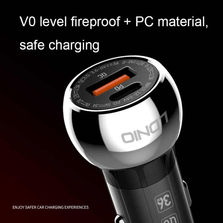 Caricabatterie rapido per auto LDNIO C1 36W PD + QC 3.0 Caricabatterie per auto USB intelligente ad alta potenza, with Micro USB Cable, with 8 Pin Cable, with USB-C/Type-C Cable