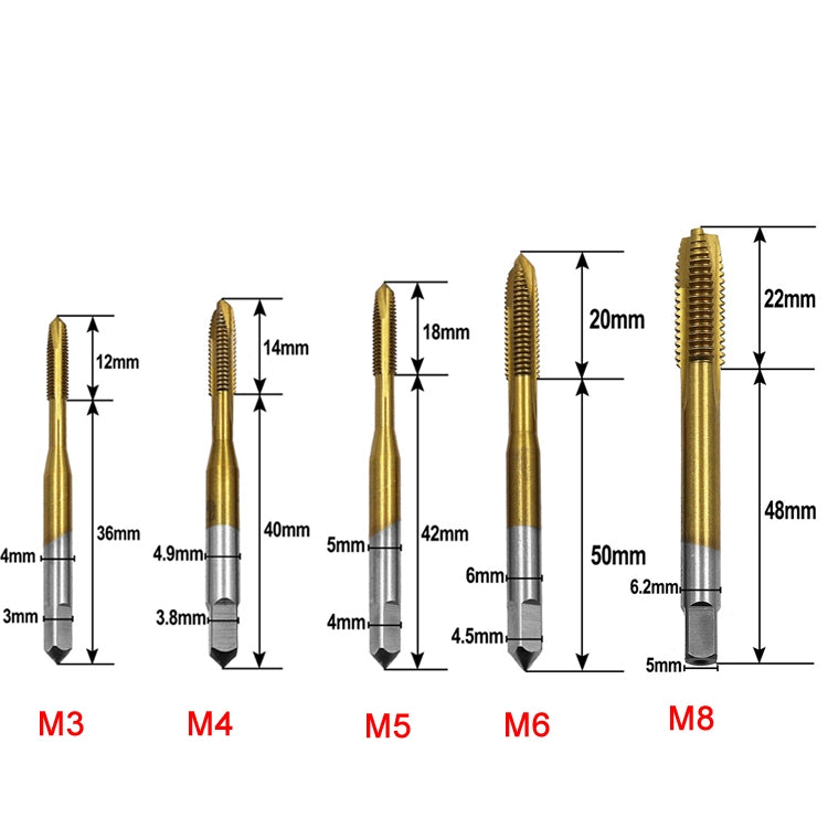 M3-M8 Set di filettature interne per maschiatura HSS placcato in titanio placcato in titanio, 5 In 1 / Set Thread Set