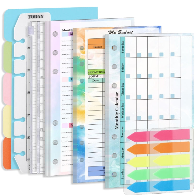 A6 6 Hole Budget Book Inserto per manuale di base di ricambio a fogli mobili,Spec:, Kit 1, 3 In 1, Monthly Plan 56 Sheets, Budget Page 56 Sheets, Weekly Plan 108 Sheets