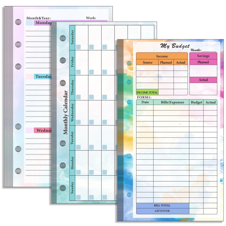 A6 6 Hole Budget Book Inserto per manuale di base di ricambio a fogli mobili,Spec:, Kit 1, 3 In 1, Monthly Plan 56 Sheets, Budget Page 56 Sheets, Weekly Plan 108 Sheets