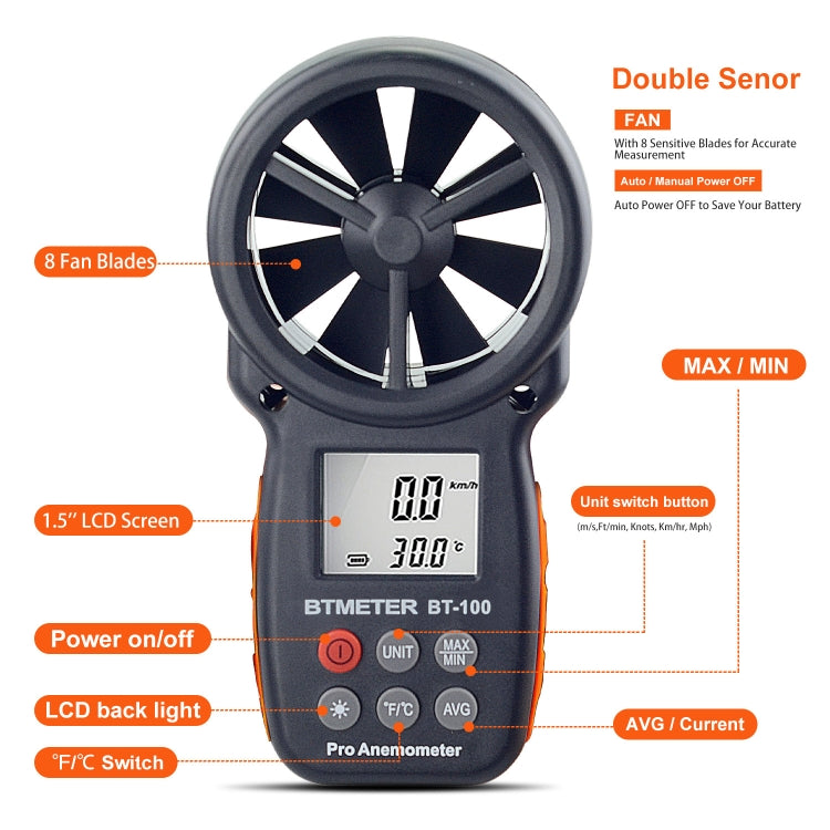 Anemometro palmare BT-100 misuratore velocità e temperatura
