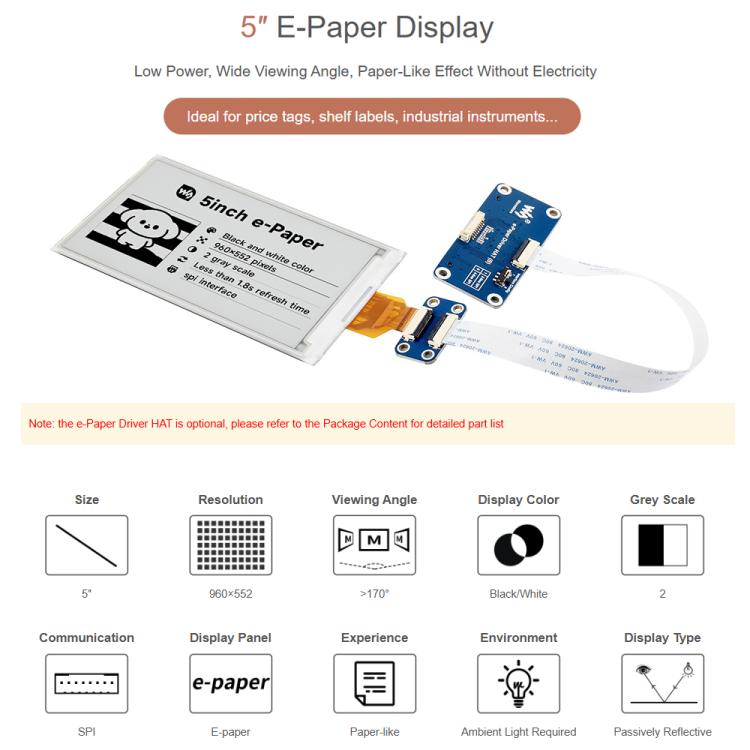 Display e-paper 5 pollici Waveshare SPI per Raspberry Pi